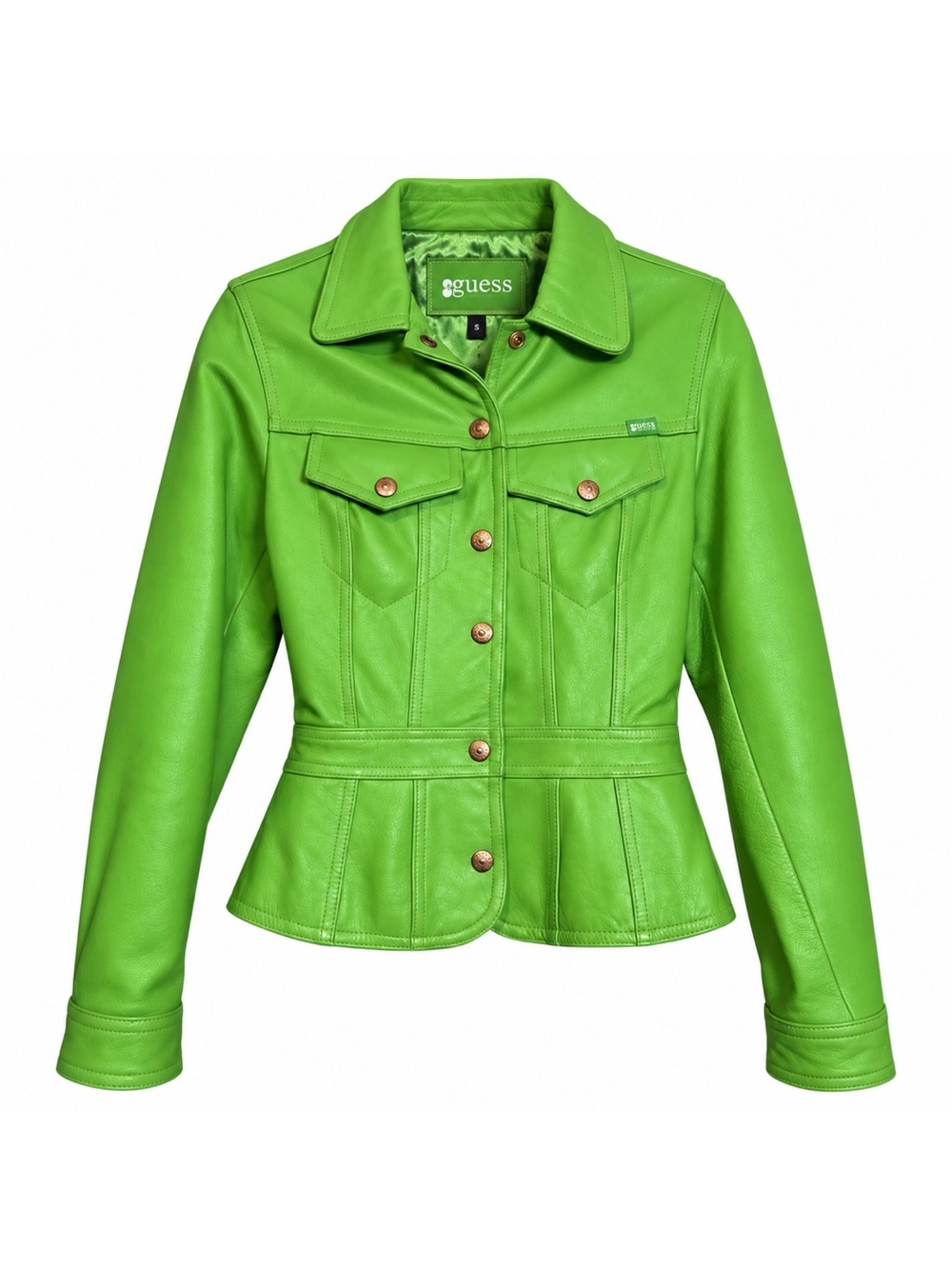 GUESS Vintage Y2K Lime Green Leather Trucker Jacket Size S Rare Archival It Girl